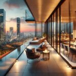Un penthouse moderno con una terraza amplia, muebles de lujo, iluminación cálida y una vista panorámica de la Ciudad de México al atardecer. Se pueden ver edificios iluminados en el fondo, mientra